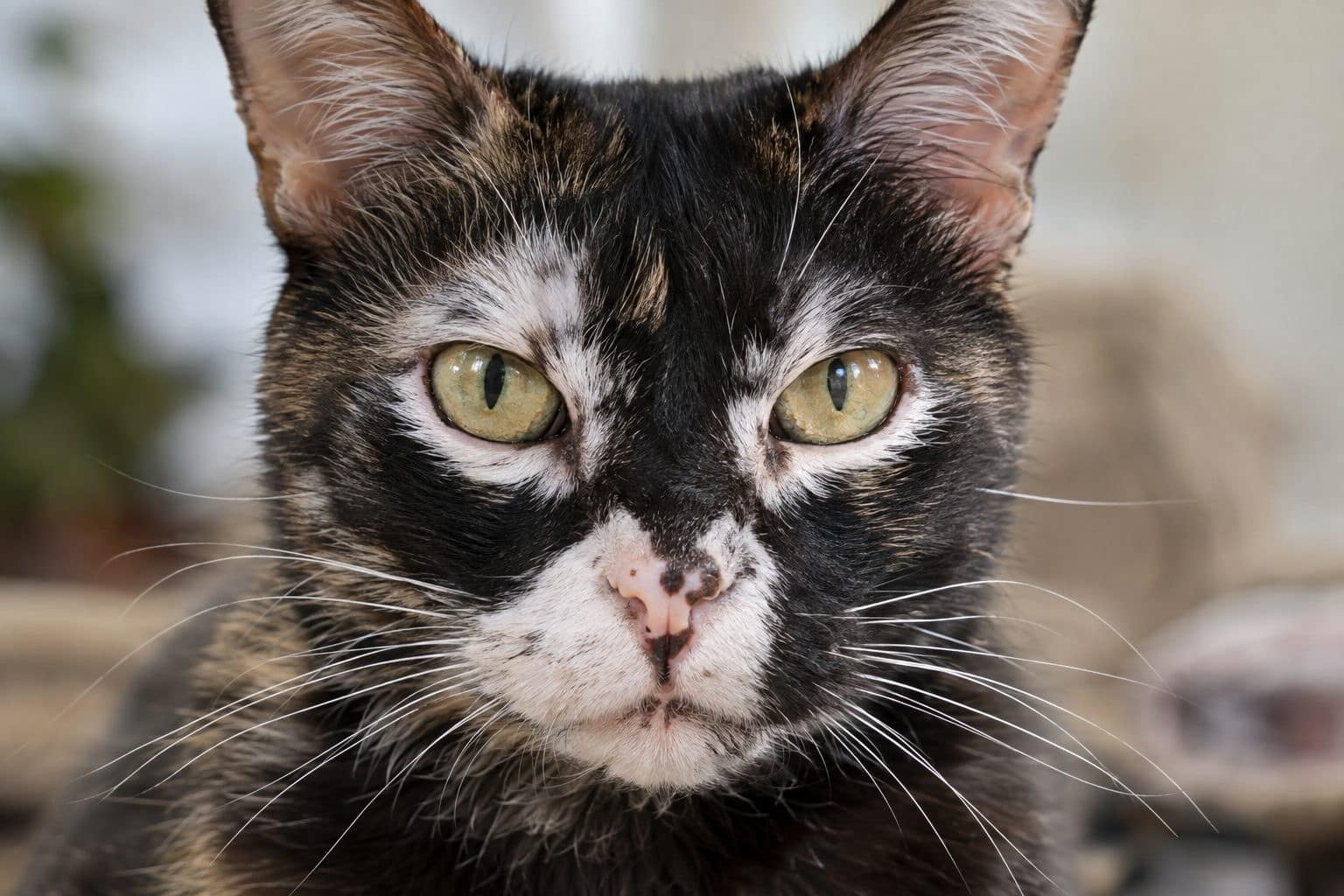 Gros plan du visage d'un chat avec vitiligo montrant les taches blanches sur le nez, les lèvres et contour des yeux