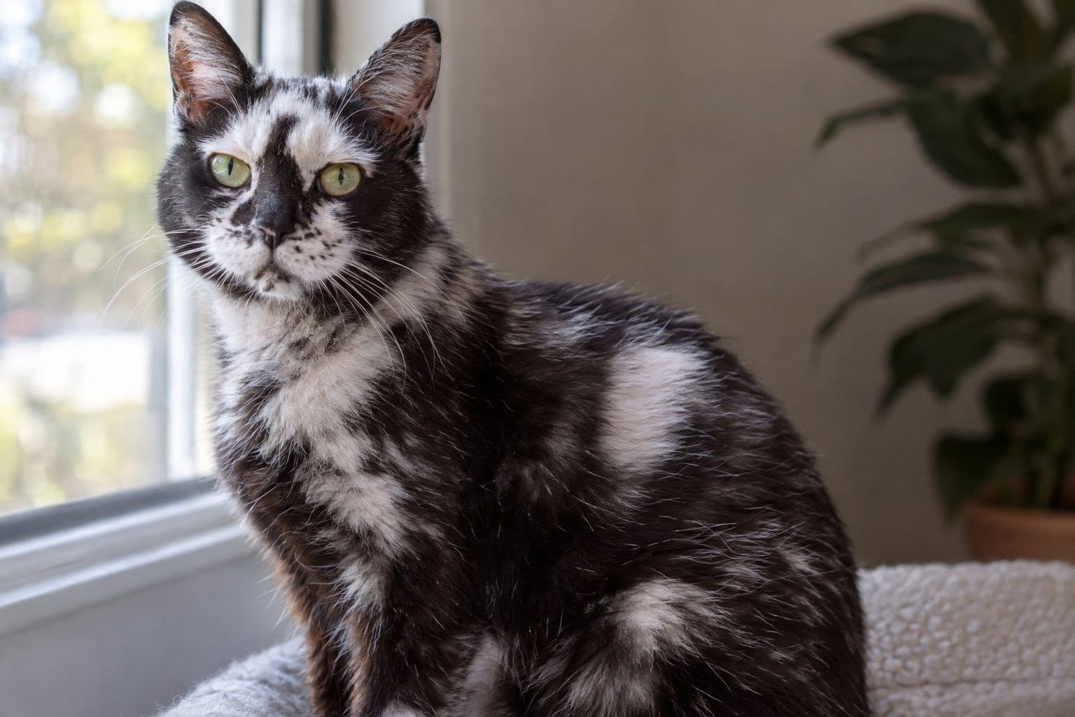 Chat domestique atteint de vitiligo montrant des taches blanches de dépigmentation sur son pelage
