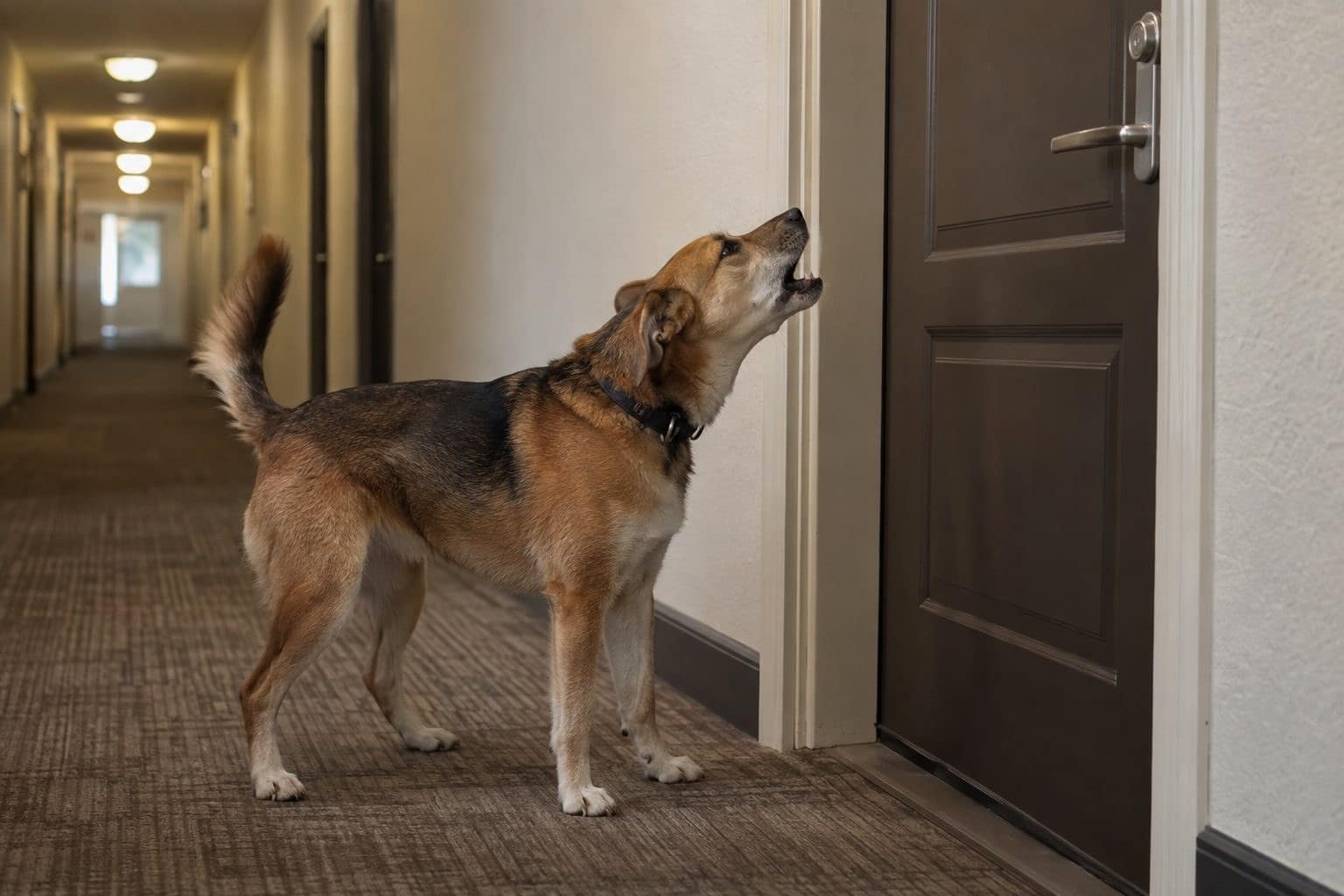 Un chien de taille moyenne aboyant devant la porte d'un appartement en immeuble résidentiel, dans un couloir d'étage avec porte d'entrée et numéro visible