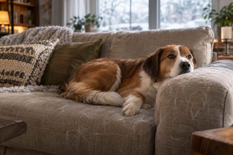 Un chien allongé sur un canapé recouvert de poils, dans un salon confortable en lumière naturelle hivernale