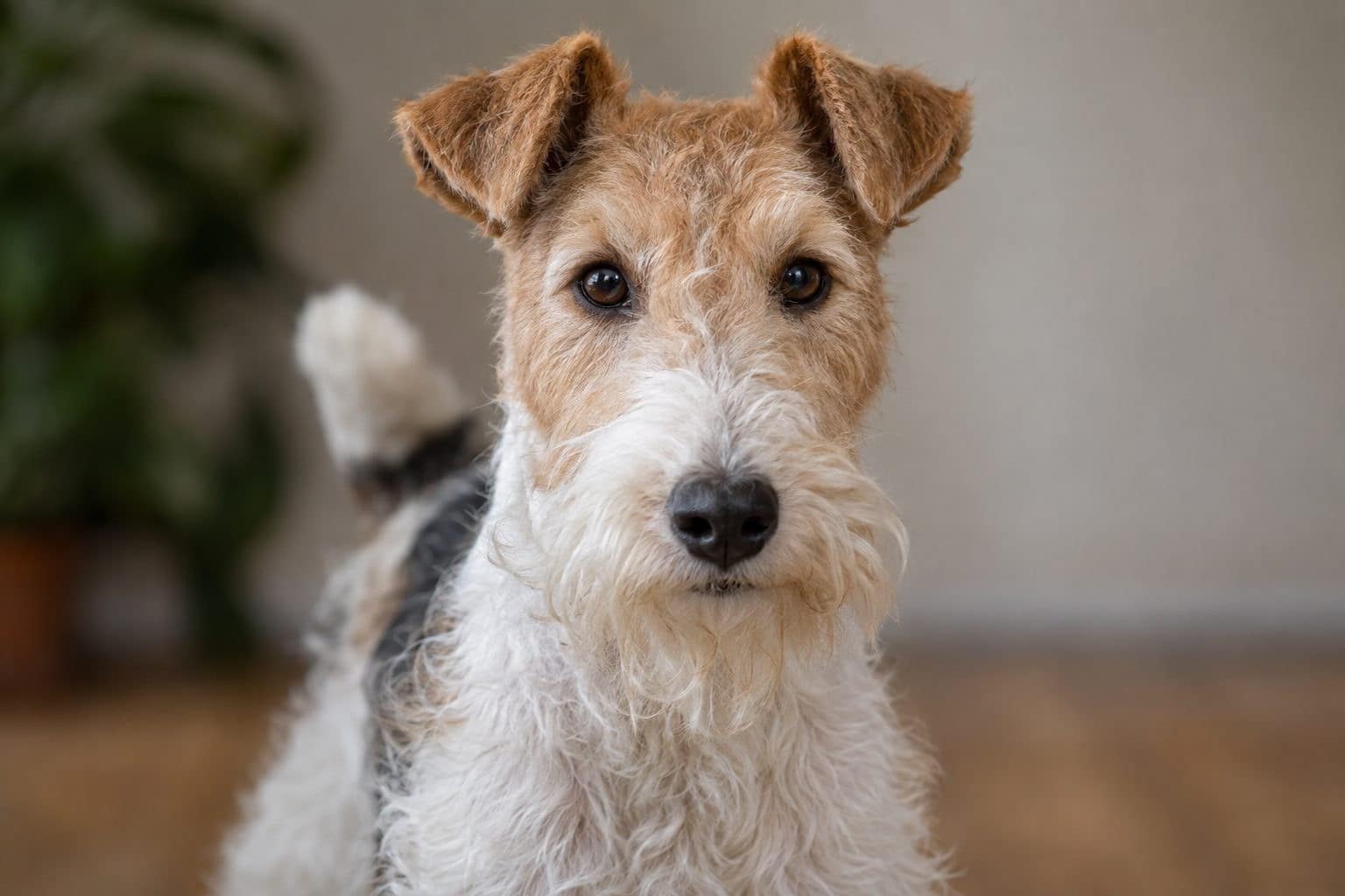 Fox-terrier à poil dur blanc et marron, gros plan du visage attentif