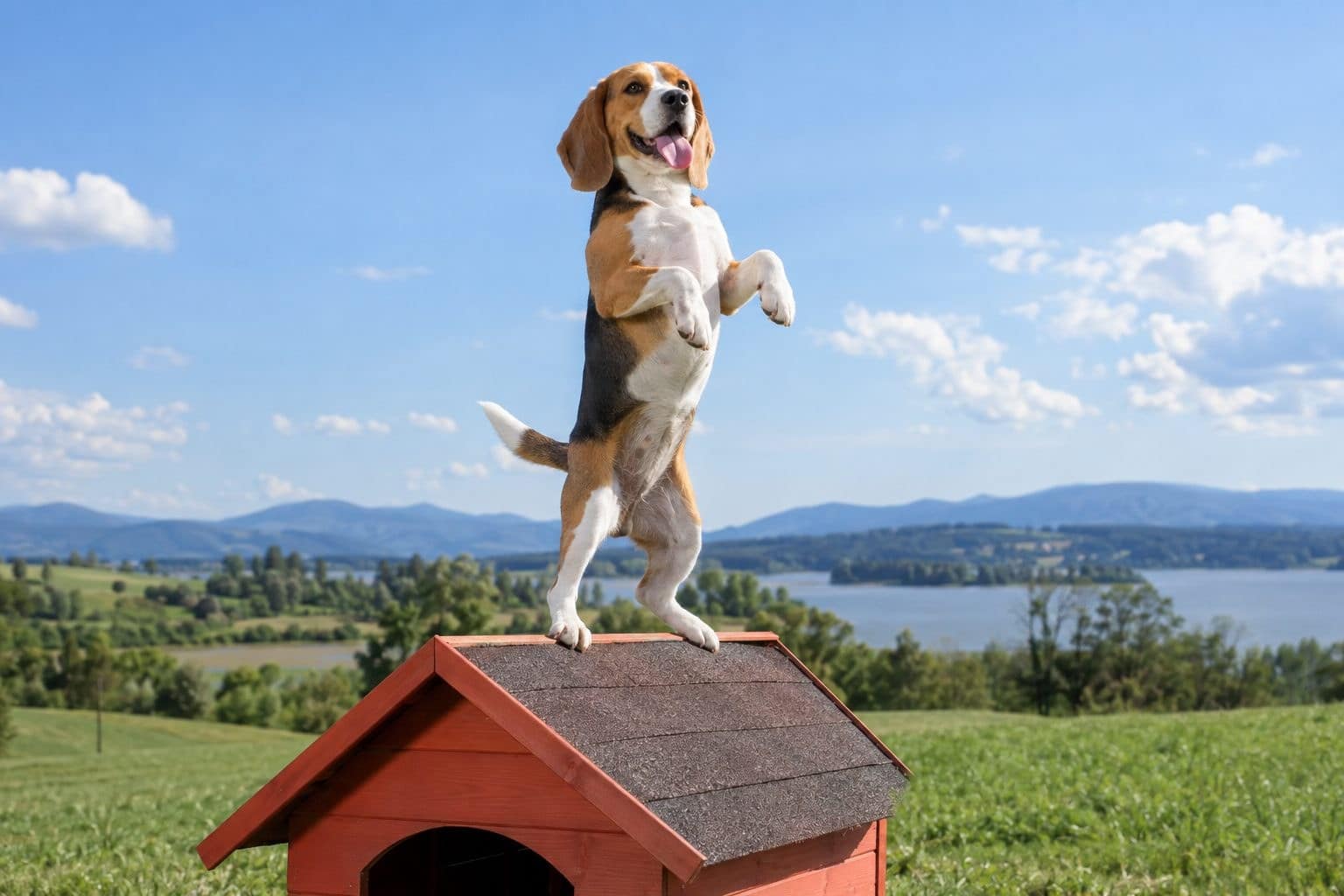 Beagle debout sur les pattes arrière sur un toit de niche