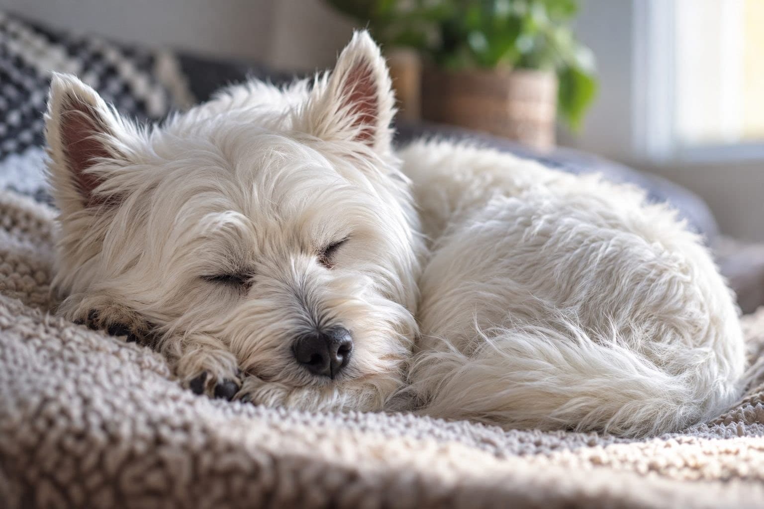 Petit chien blanc de type terrier dormant paisiblement en gros plan
