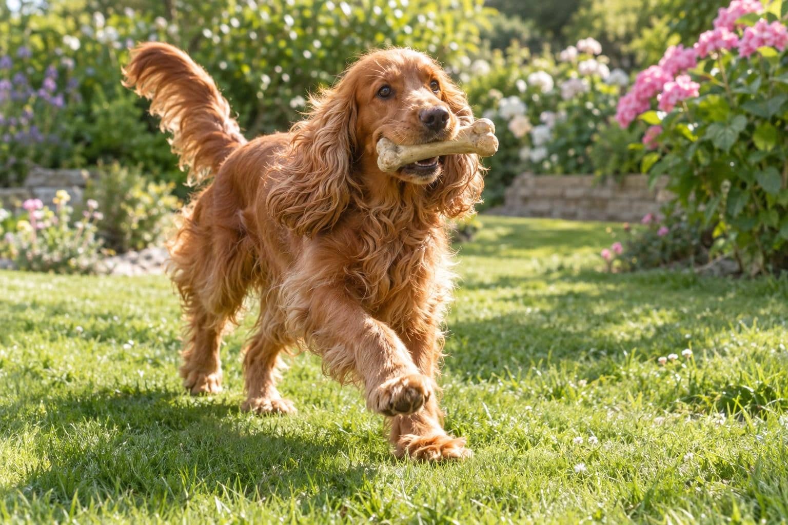 Cocker Spaniel roux jouant avec un os dans un jardin ensoleillé