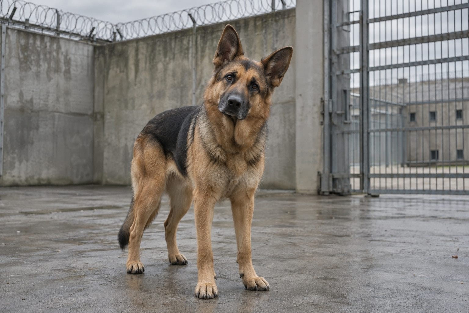 Berger allemand dans une cour de prison, expression bête et maladroite