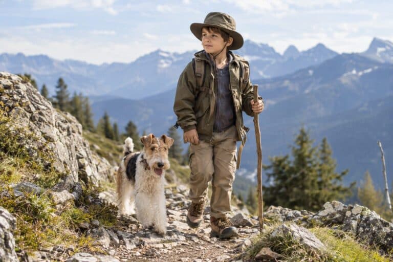 Fox-terrier blanc et marron marchant aux côtés d'un jeune garçon en tenue d'aventurier
