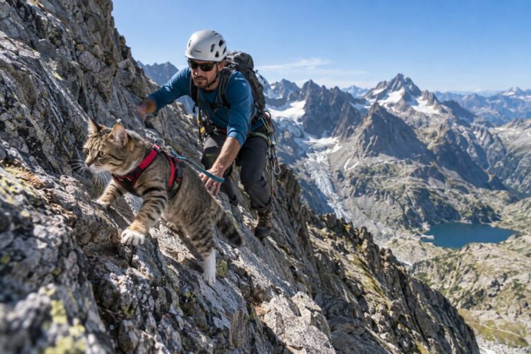 Millie le chat en train de gravir une paroi rocheuse abrupte d'une montagne alpine, harnais d'escalade visible, aux côtés de son propriétaire alpiniste