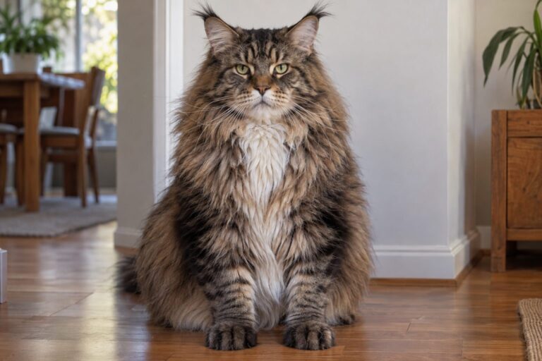 Omar, un Maine Coon géant assis de face, montrant sa taille impressionnante et sa corpulence massive