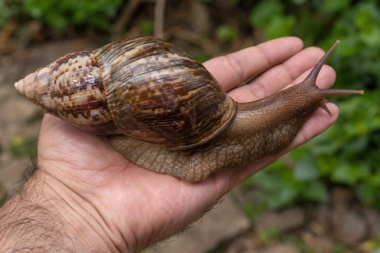 Un escargot géant Achatina fulica (escargot géant africain) dans la main d'un éleveur, montrant l'impressionnante taille du mollusque