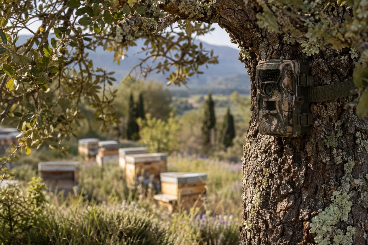Caméra de surveillance discrète fixée à un arbre près de ruches d'abeilles en apiculture