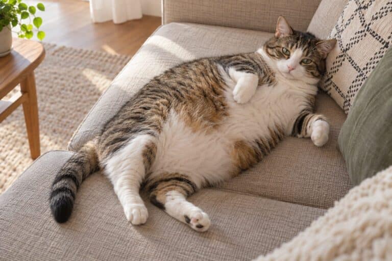 Un chat domestique en surpoids allongé sur un canapé, montrant clairement son embonpoint