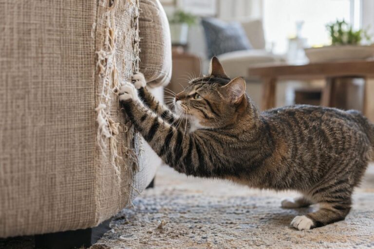 Chat domestique (Felis catus) en train de griffer intensément un canapé beige, avec des traces de griffes visibles et du tissu arraché