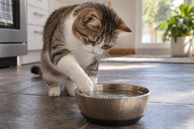 Chat domestique (Felis catus) intrigué par sa gamelle d'eau, donnant des coups de patte dedans