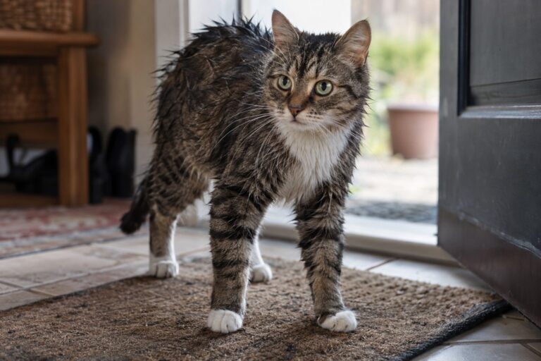 Chat domestique revenant de l'extérieur avec expression d'alerte, montrant des signaux comportementaux de changement