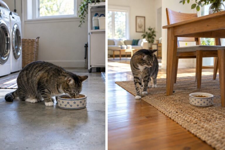 Un chat domestic qui mange dans une gamelle, puis la même scène répétée avec la gamelle à une position différente dans un intérieur