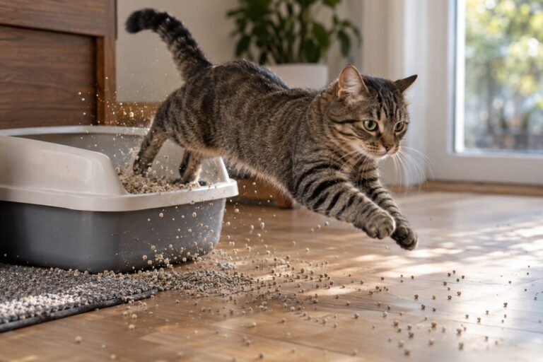 Chat tabby sautant hors d'une litière, grains de litière volant autour de lui et dispersés sur le sol
