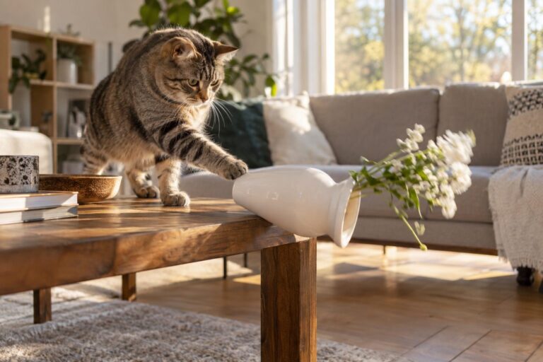 Un chat gris tabby en train de faire tomber intentionnellement un vase blanc d'une table basse dans un salon moderne