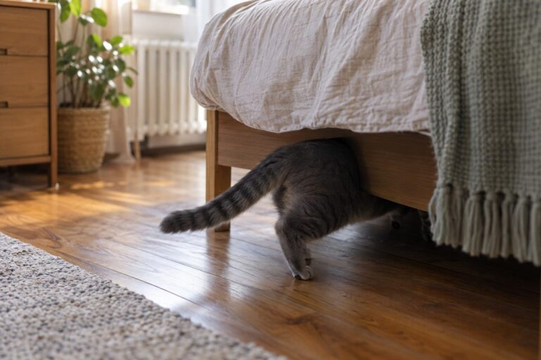 Chat gris refusant le brossage et se sauvant sous un lit