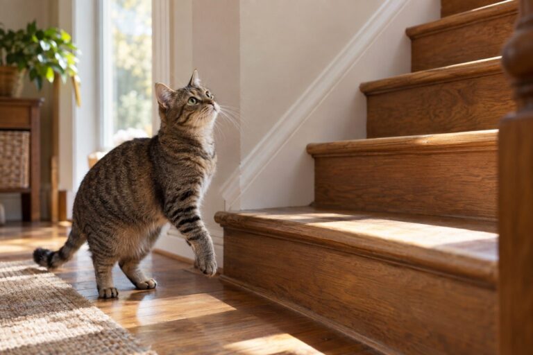 Un chat gris tabby hésitant en bas d'un escalier intérieur, regardant vers le haut avec une expression perplexe