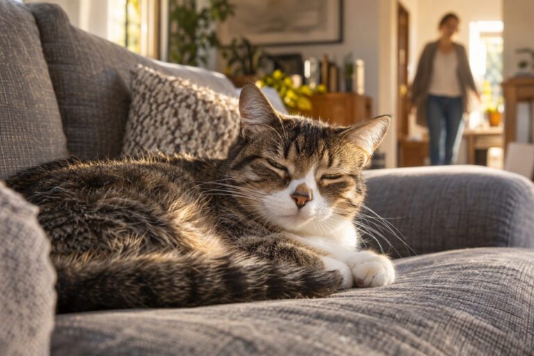 Un chat allongé sur un canapé gris qui ouvre à peine les yeux en voyant son propriétaire rentrer à la maison