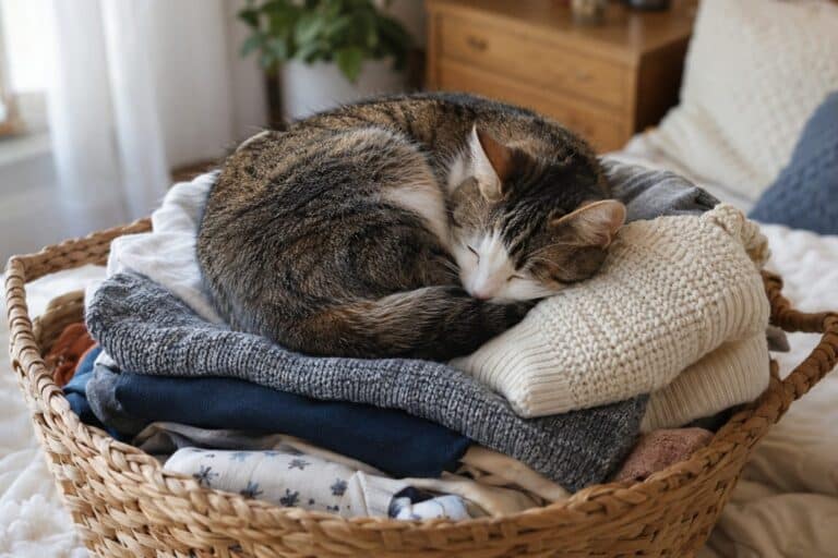 Chat affalé en boule sur un tas de vêtements fraîchement lavés et pliés