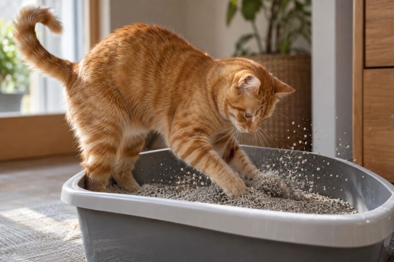 Chat roux en train de gratter énergiquement sa litière, projetant des granules autour du bac, vue de profil dans un intérieur domestique
