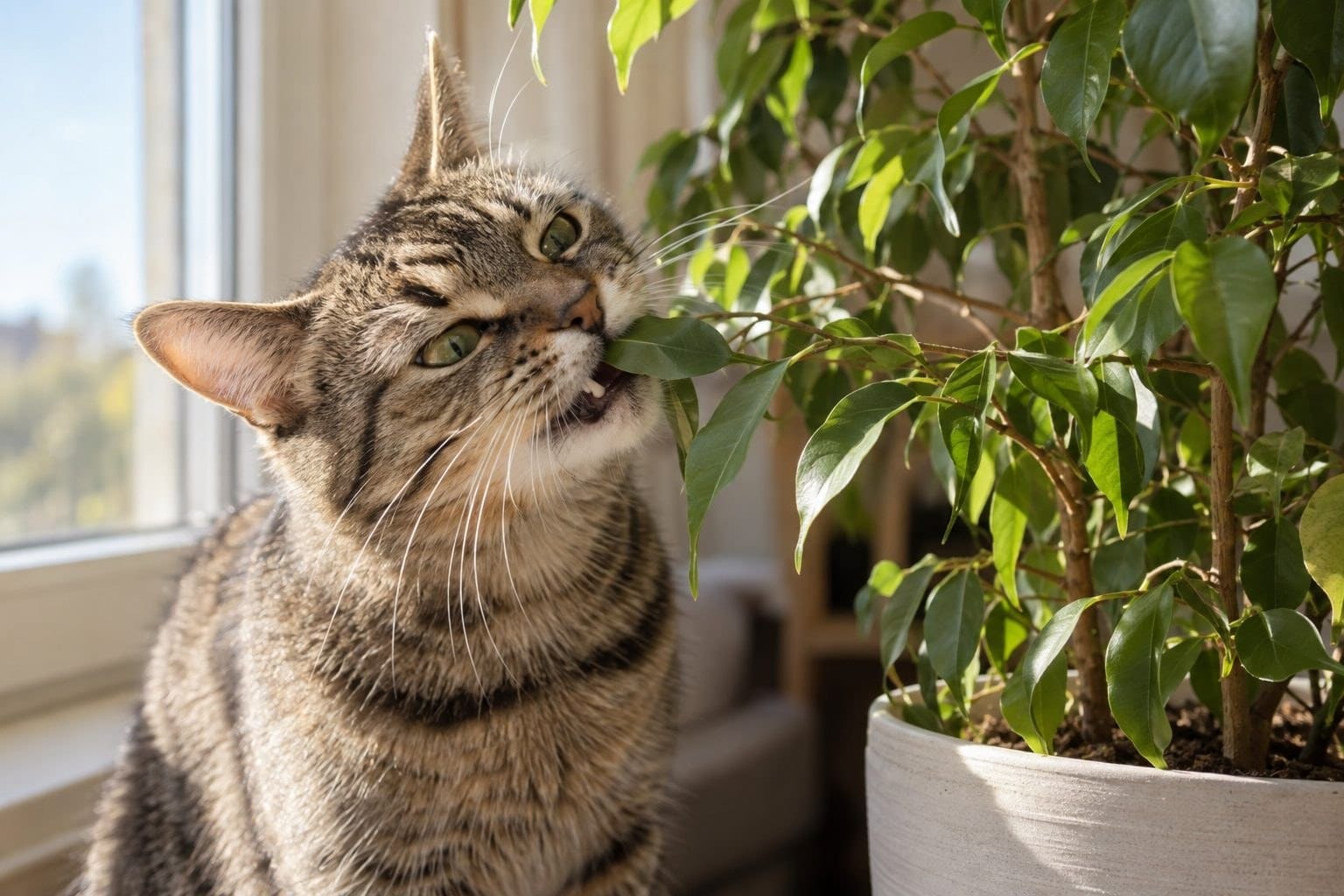 Chat gris tabby en train de mordre une feuille de Ficus benjamina dans un intérieur lumineux