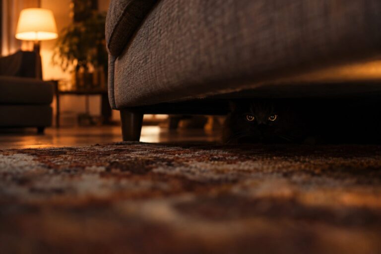Chat domestique caché sous un canapé dans un salon, avec seulement ses yeux visibles dans la pénombre