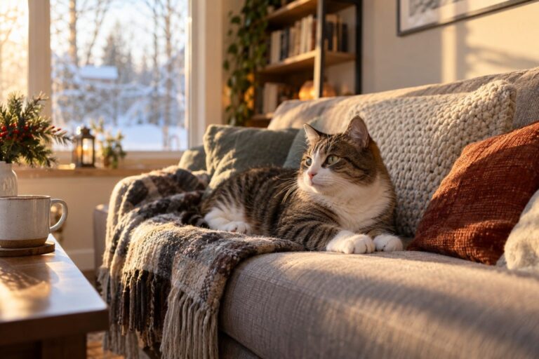 Un chat domestique allongé confortablement sur un canapé dans un salon cosy, explorant son environnement intérieur restreint