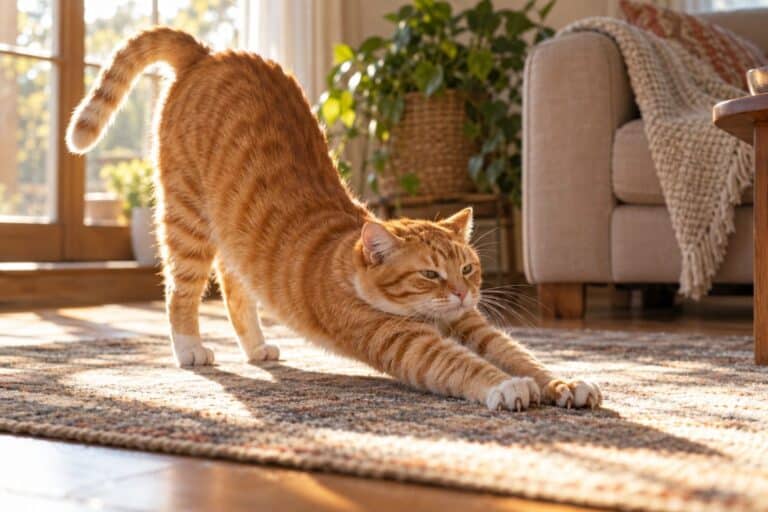 Un chat roux s'étire de tout son long en pleine lumière solaire, pattes avant tendues et griffes sorties, dos cambré, dans un intérieur lumineux