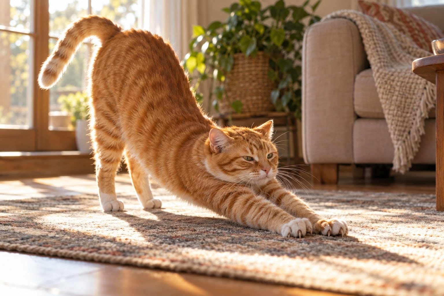 Un chat roux s'étire de tout son long en pleine lumière solaire, pattes avant tendues et griffes sorties, dos cambré, dans un intérieur lumineux
