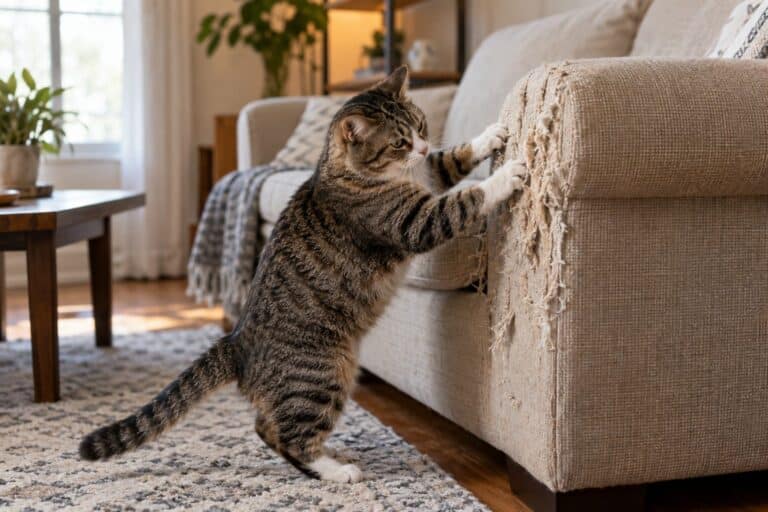 Un chat domestique en train de faire ses griffes sur un canapé en tissu beige, vue de trois-quarts montrant les dégâts et l'animal en action