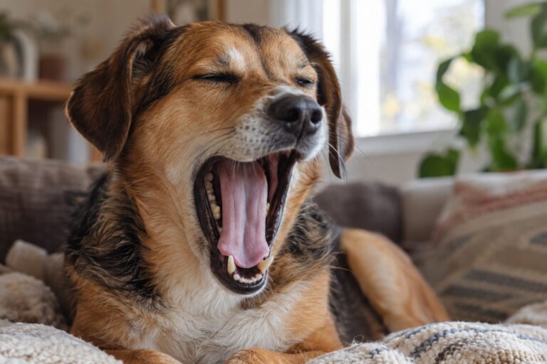 Gros plan du museau d'un chien (race mixte) en train de bâiller largement, bouche grande ouverte, regard légèrement fermé, à l'intérieur d'une maison lumineuse