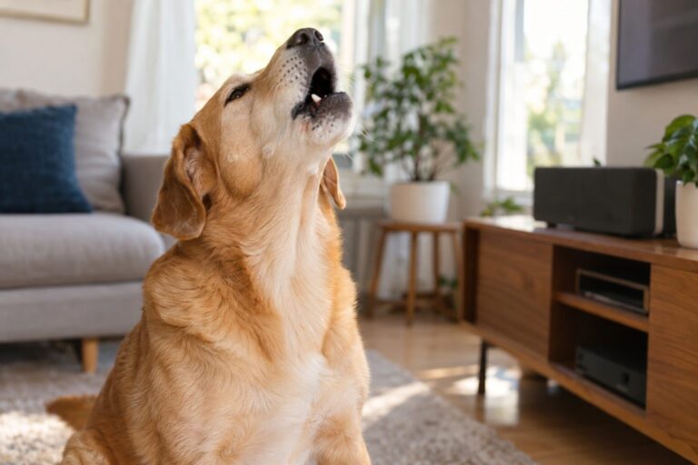 Un chien de taille moyenne levant la tête en vocalisant/chantant avec la musique, dans un salon lumineux