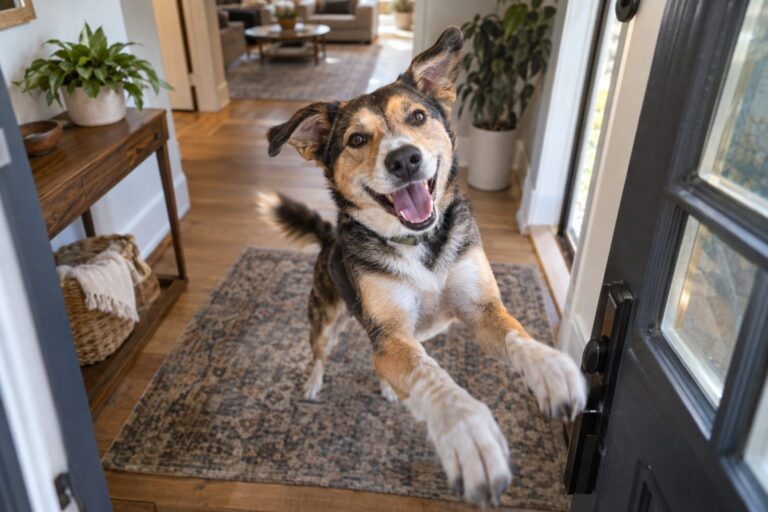 Un chien excité qui saute à la porte d'entrée au retour de son maître, queue en l'air, dans un intérieur domestique