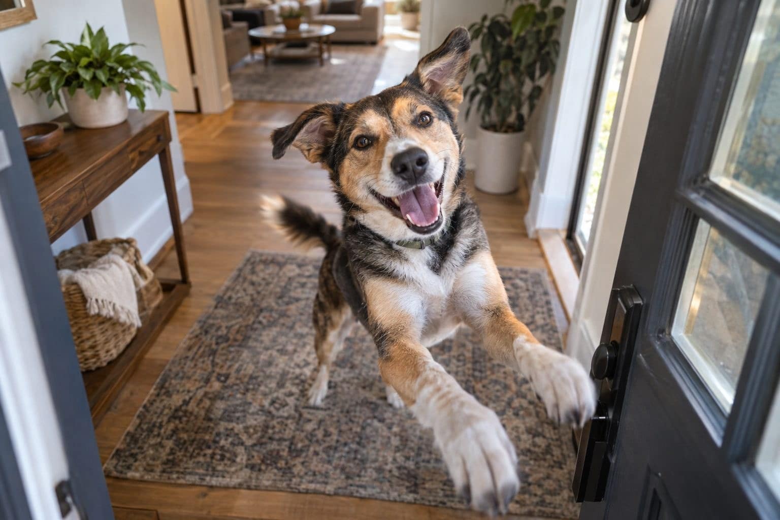 Un chien excité qui saute à la porte d'entrée au retour de son maître, queue en l'air, dans un intérieur domestique