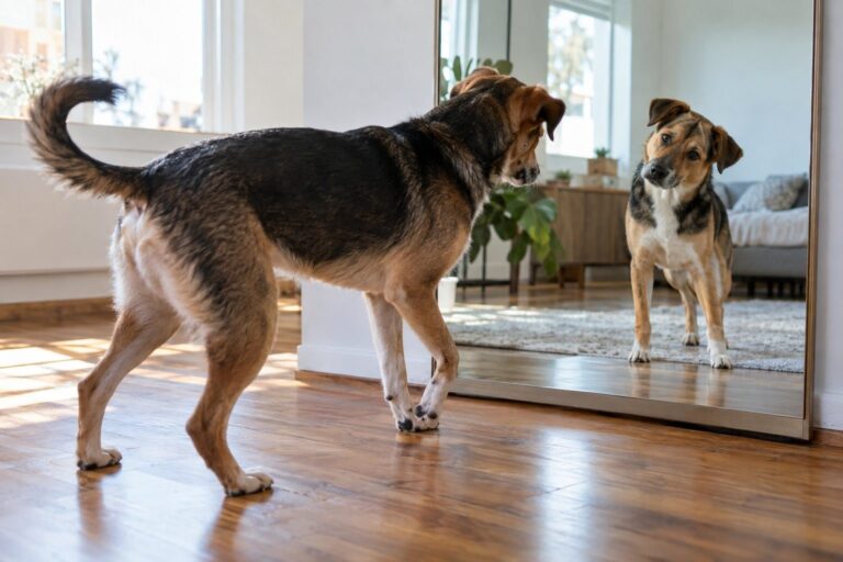 Un chien de taille moyenne observant son reflet dans un miroir avec une expression de surprise ou de confusion
