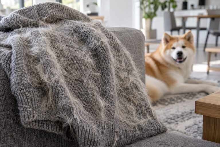 Un pull gris clair entièrement recouvert de poils de chien, posé sur un canapé gris en tissu, montrant l'accumulation de poils d'Akita Inu (Canis lupus familiaris) dans un intérieur moderne et lumineux