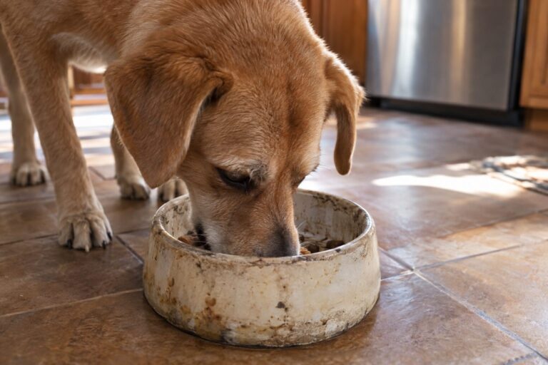 Un chien (Canis lupus familiaris) mangeant dans une gamelle en céramique usée et tachée, posée sur un carrelage de cuisine, vue de trois-quarts montrant l'accumulation de dépôts et résidus à l'intérieur du récipient
