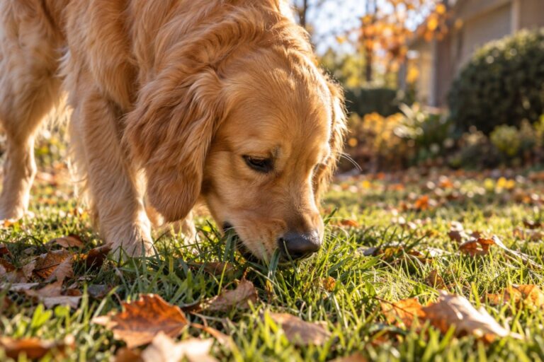 Un chien en gros plan mangeant de l'herbe dans un jardin en automne avec des feuilles mortes au sol