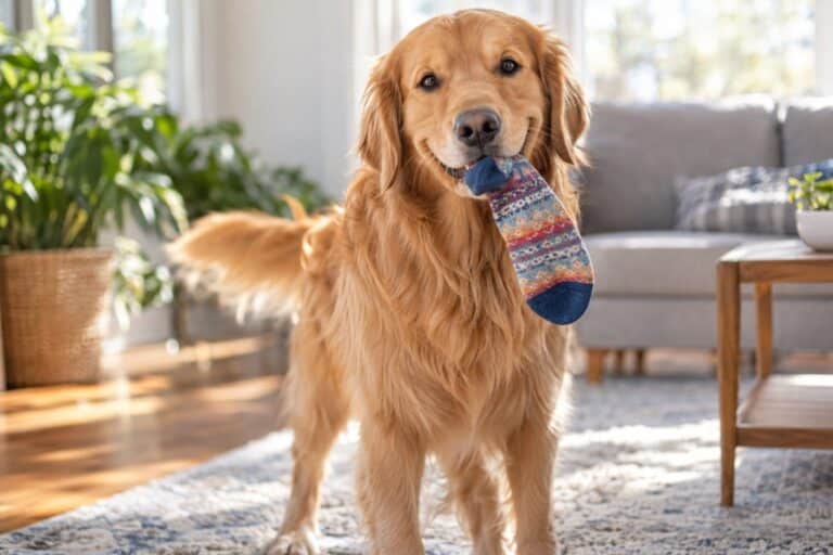 Un chien Golden Retriever jouant avec une chaussette dans sa gueule, la serrant fièrement dans un salon lumineux