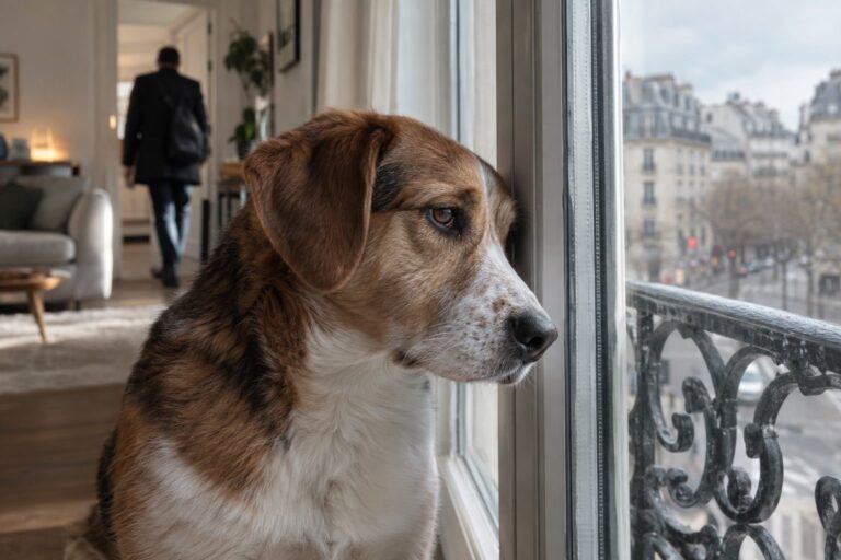 Un chien triste regardant par la fenêtre d'un appartement pendant le départ de son propriétaire