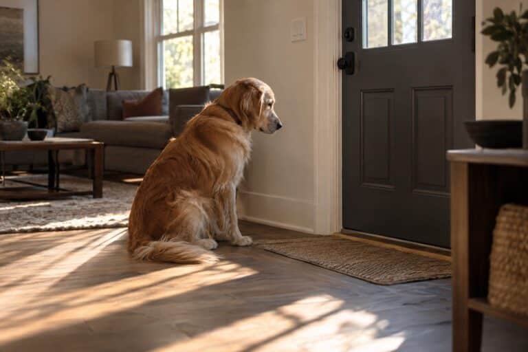 Un chien Golden Retriever seul dans un salon moderne, assis près d'une porte d'entrée, regardant vers l'extérieur avec une expression triste et abandonnée