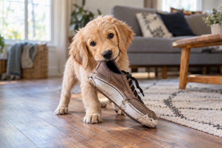 Un jeune chiot (chien) dans un intérieur domestique en train de mâcher une chaussure, avec un regard espiègle ou défiant vers le propriétaire
