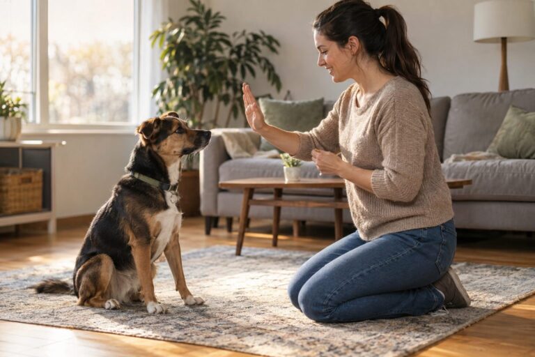Un propriétaire de chien donnant une commande à son chien attentif pendant une séance de dressage en intérieur