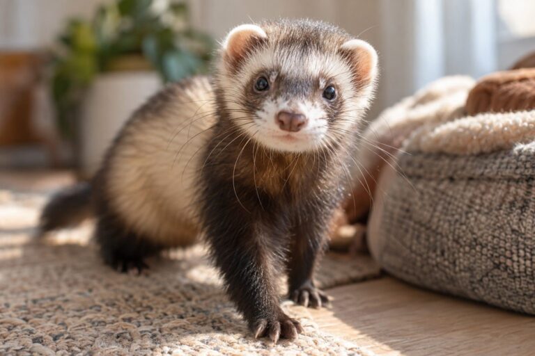 Un furet joueur et alerte en gros plan, regardant curieusement vers l'objectif dans un environnement domestique lumineux
