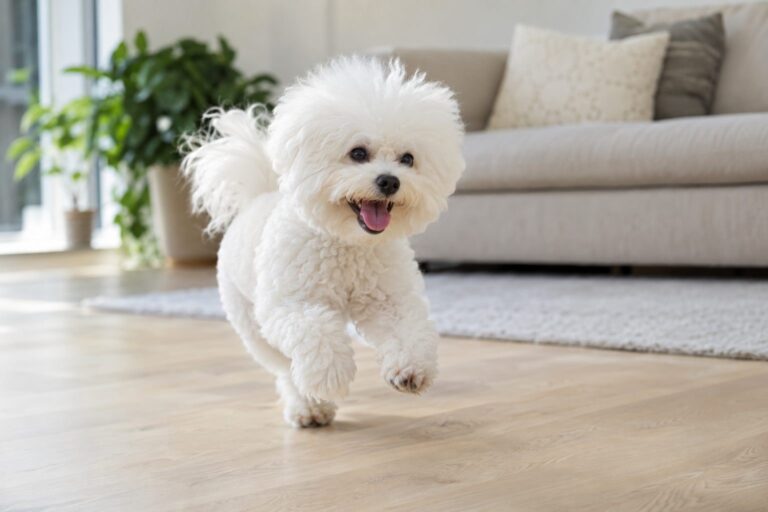 Bichon frisé jouant énergiquement dans un appartement