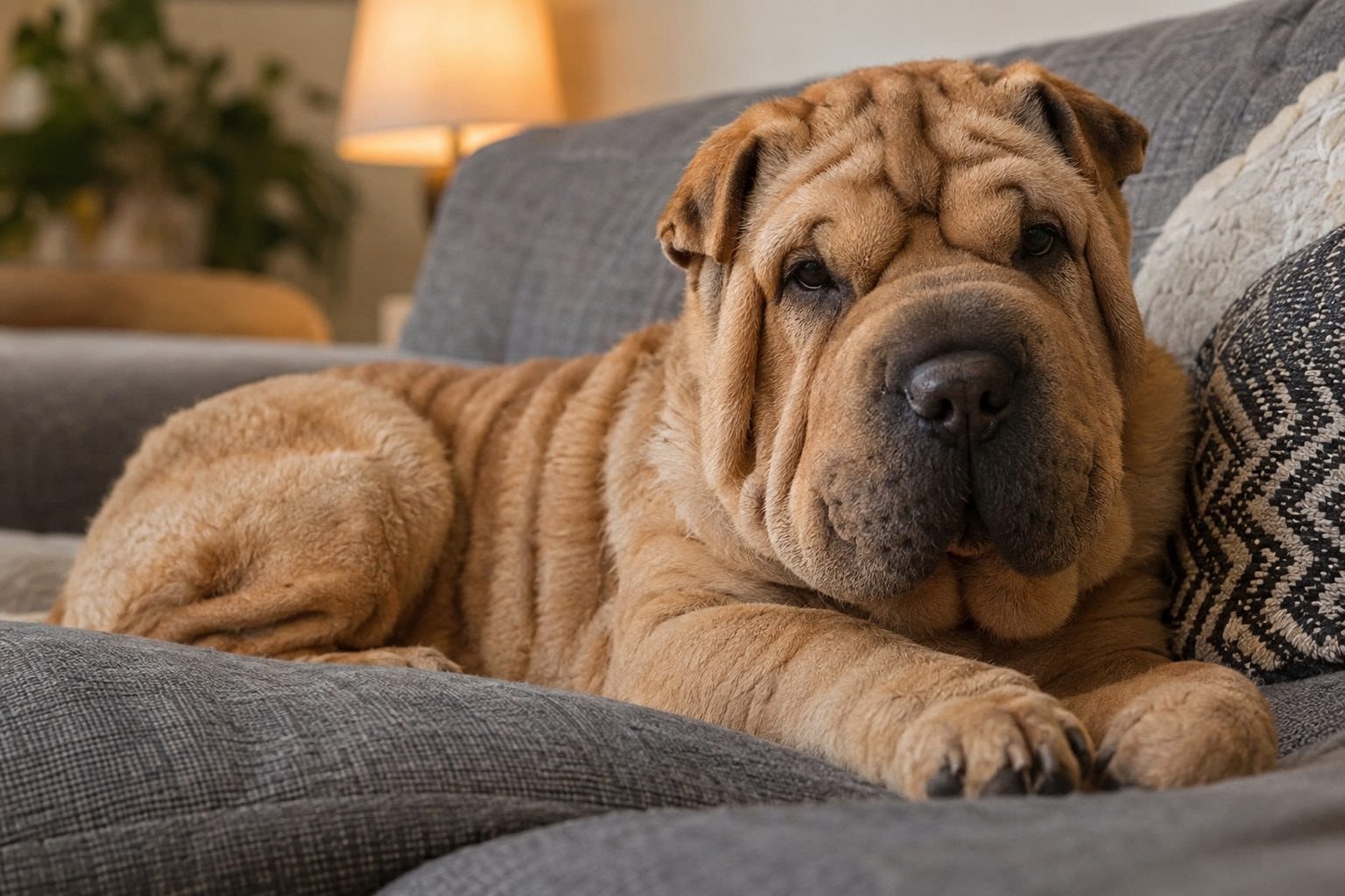 Shar Peï adulte reposant sur un canapé