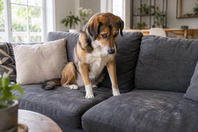 Un chien assis sur un canapé gris dans un salon moderne, regardant vers le bas d'un air coupable tandis que des poils sont visibles sur le tissu
