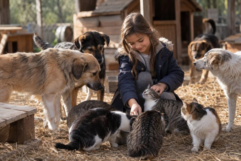 Un jeune enfant nourrit et soigne des chiens et chats dans un refuge improvisé, montrant l'amour et l'engagement envers les animaux abandonnés